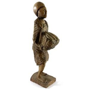 Vintage African Hand Carved Wood Woman with Basket Folk Art Sculpture 13”